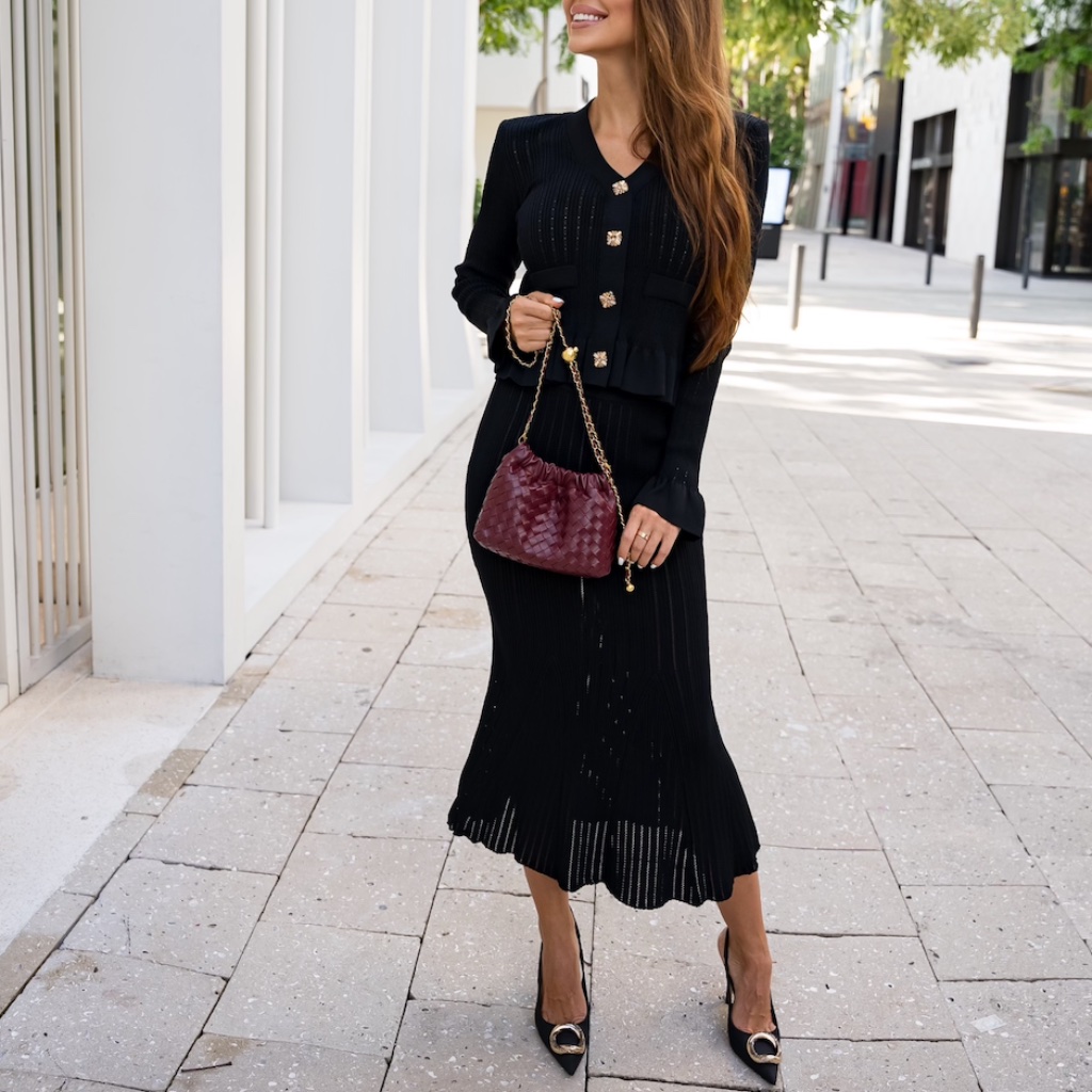 New!!! Midi Skirt & Cardigan Set In Pointelle Knit - Royal Black